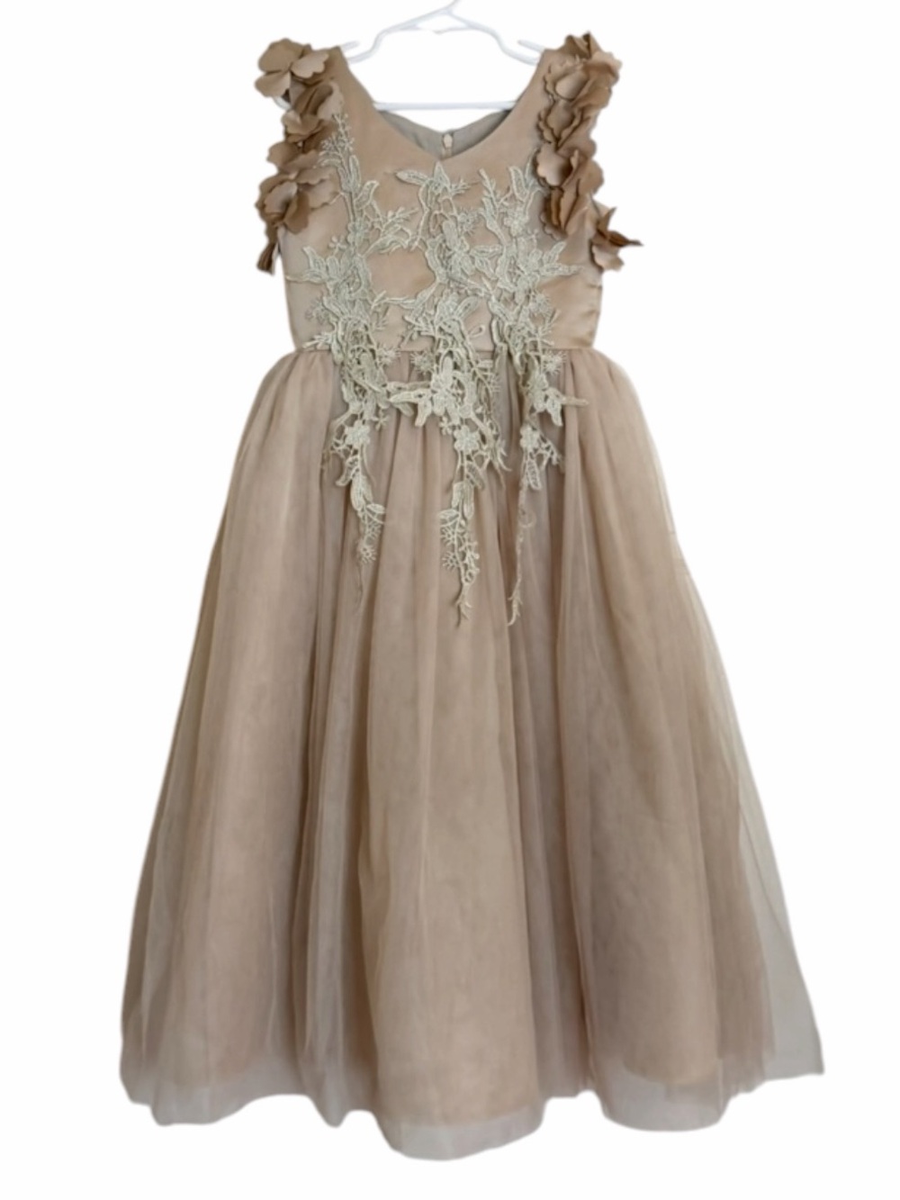 Trish Scully Gold Bianca Floral Appliqué Tulle Dress. Size 6.